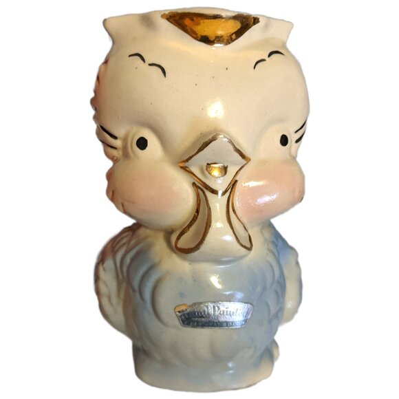 Vintage Shawnee Pottery Blue Chick Vase w Handle & Gold Accents Retro Whimsical - Picture 1 of 8